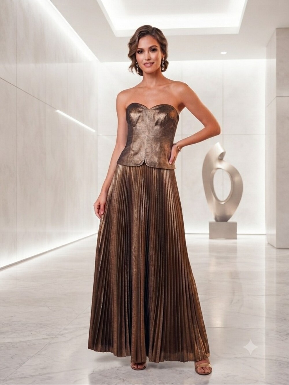 ANTONIO MELANI Metallic Bronze Strapless Pleated Gown